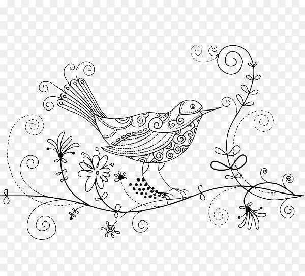 手绘线条花纹鸟素材
