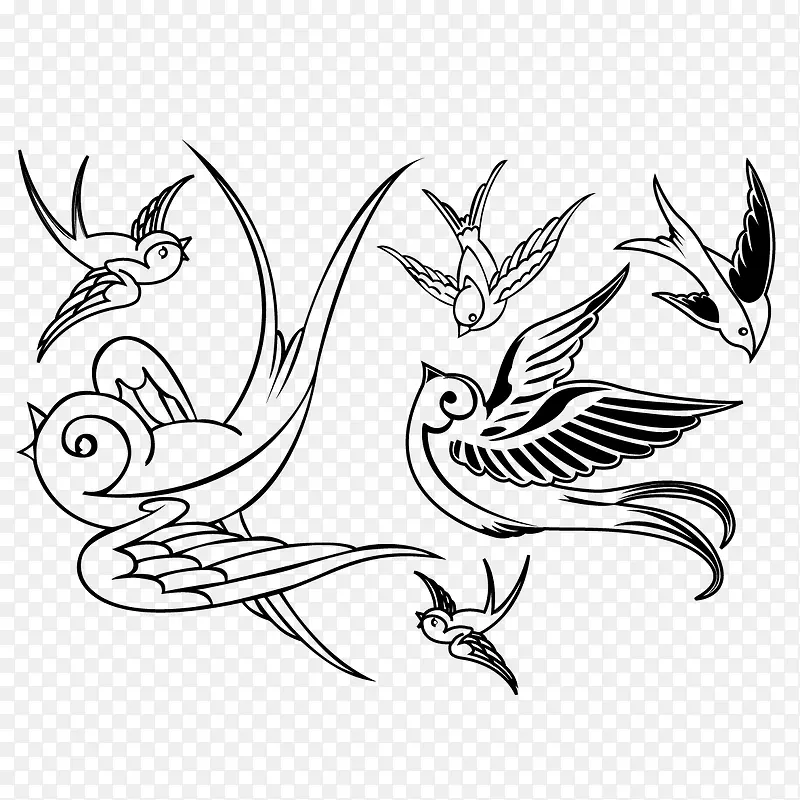 手绘各种飞姿的鸟