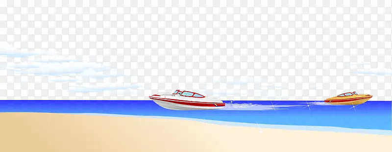 卡通沙滩海上彩色快艇白云