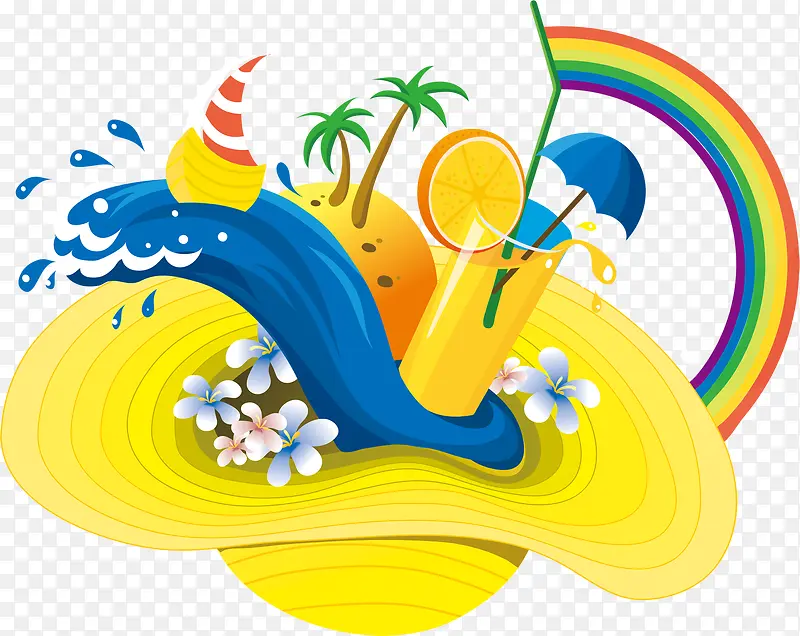 卡通手绘沙滩果汁彩虹椰子树