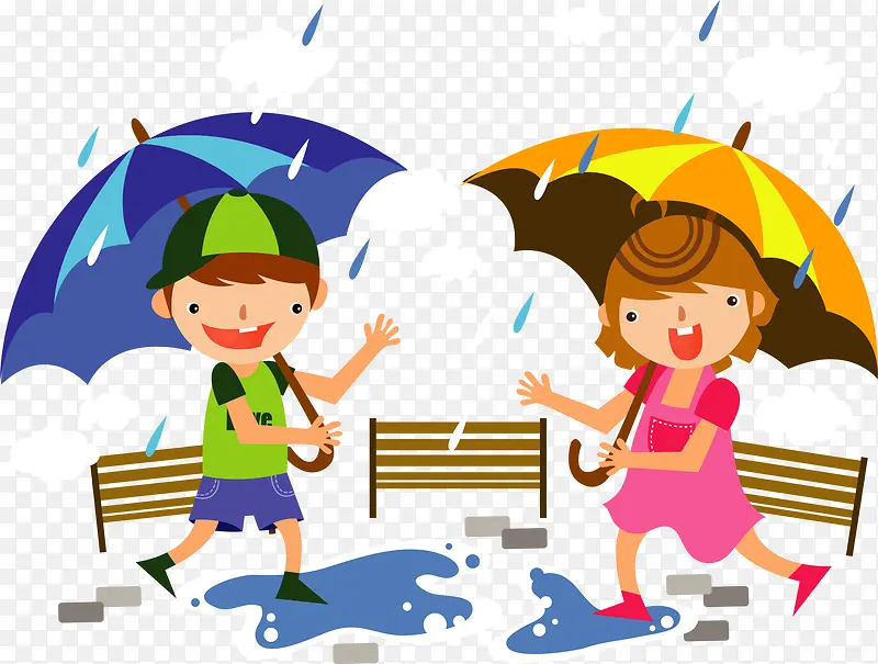 雨中打伞的卡通儿童