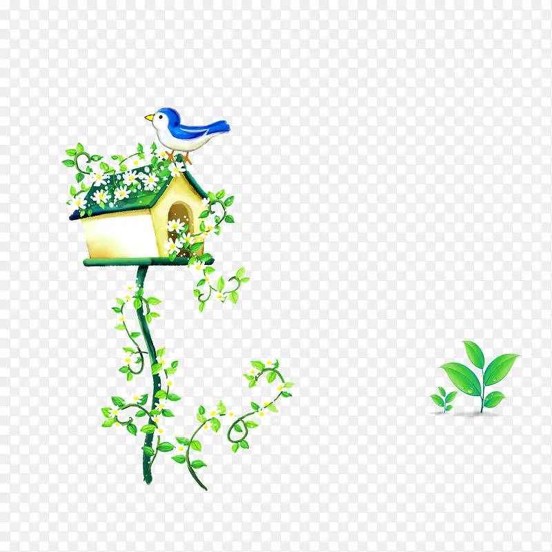 绿色树藤鸟屋小鸟装饰图案
