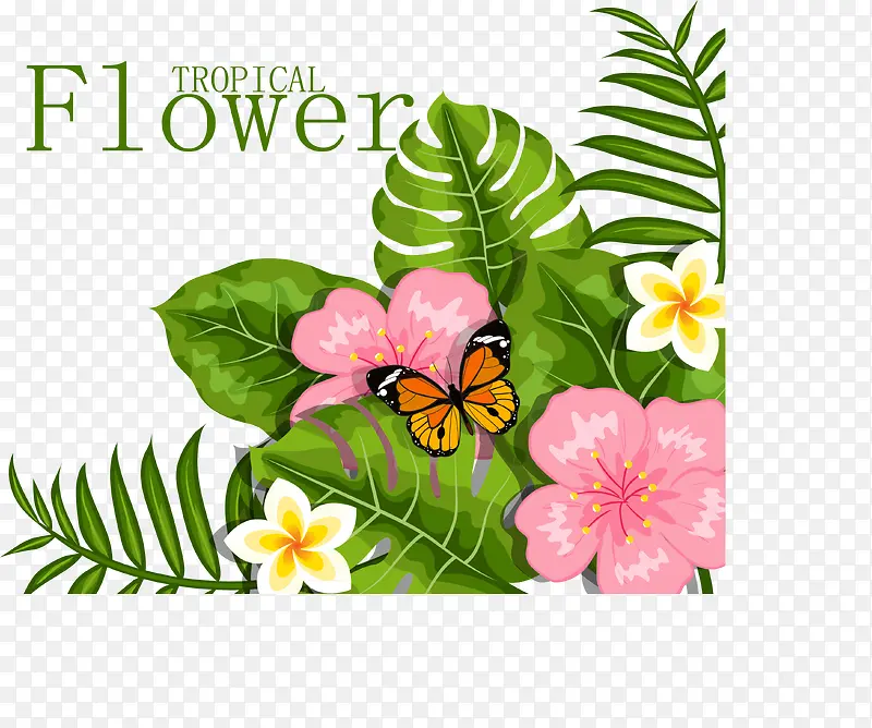 精美热带花卉和蝴蝶