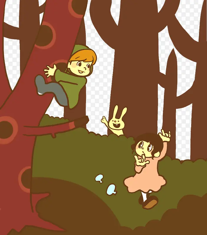森林里爬树的男孩与女孩