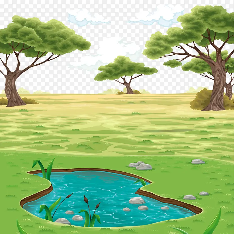 矢量彩色池塘景观背景