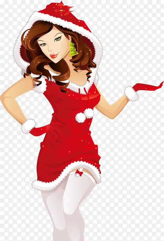 手绘红衣带帽圣诞女郎