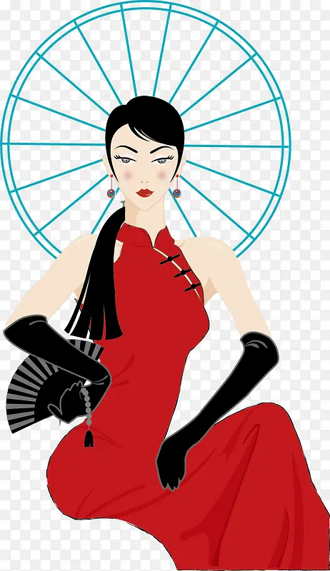 穿红色旗袍的长发女孩