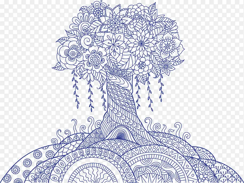 深蓝色艺术花朵拼图大树