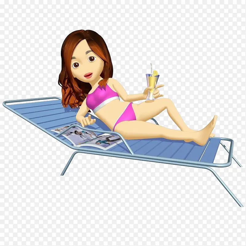 卡通比基尼美女躺沙滩椅上喝果汁