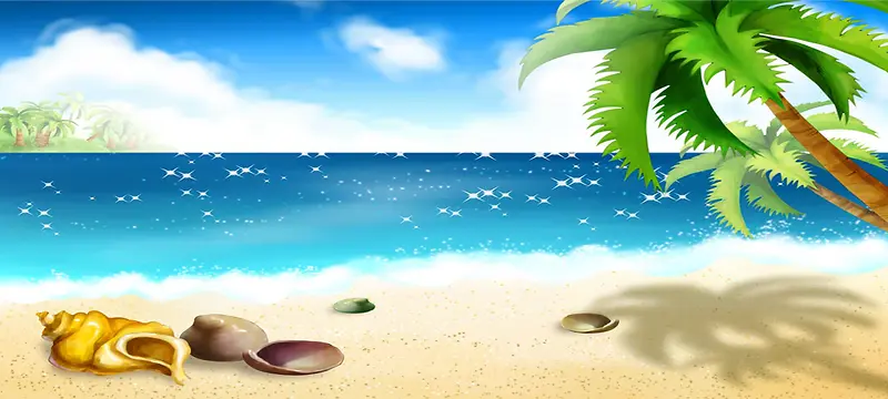 夏日卡通手绘沙滩蓝天白云
