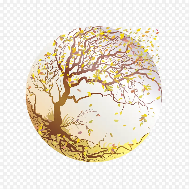 水晶球四季树秋天落叶矢量素材