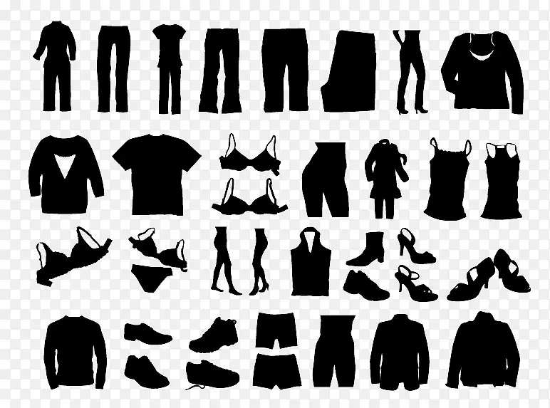 黑色各类男女服装和鞋靴样式元素