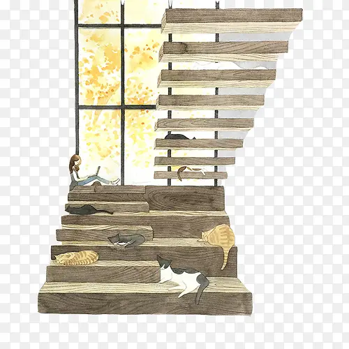 楼梯和猫创意手绘画素材图片