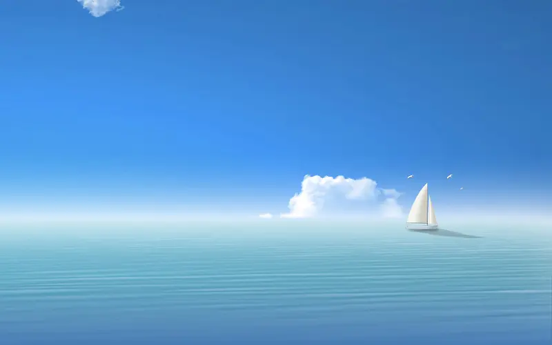 手绘蓝色湖面小船