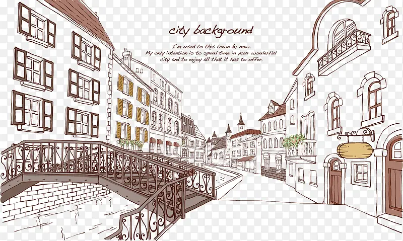 手绘城市风景线条插画图片