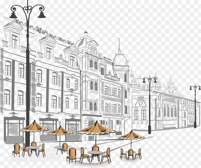 手绘咖啡厅和建筑