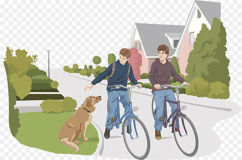 矢量插图骑自行车的孩子与金毛狗
