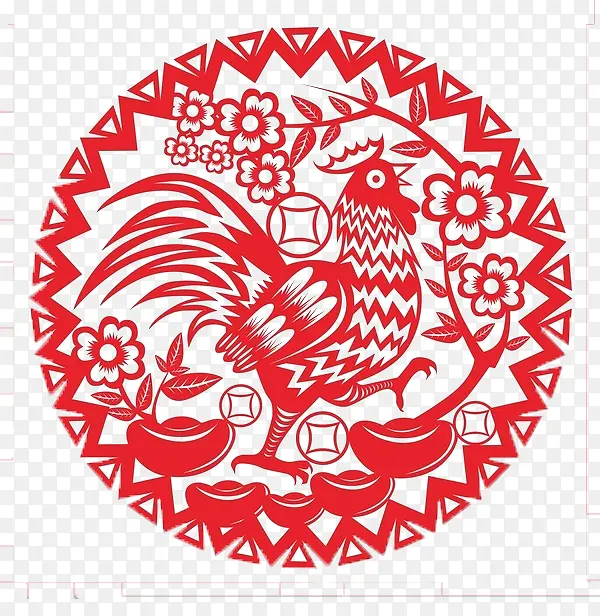 创意合成红色的金鸡形状剪纸