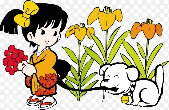 手绘插图日本小女孩路边摘花