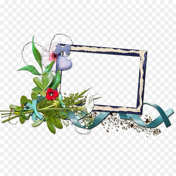 创意合成蓝色彩带花卉植物边框