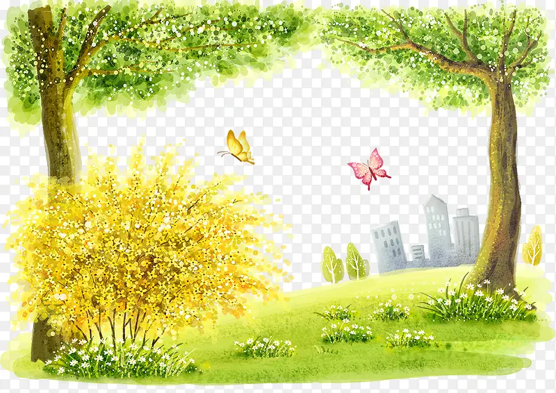 卡通金色小树和蝴蝶