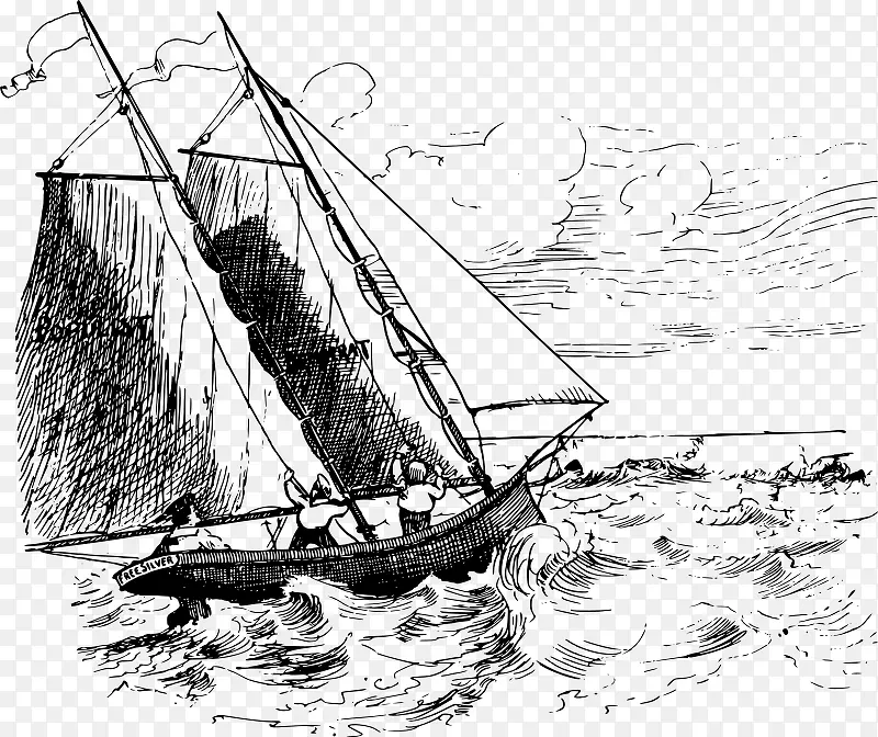 海上风浪的帆船手绘