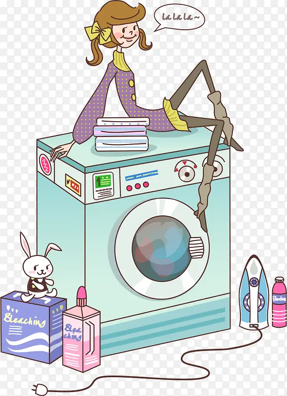 矢量洗衣机上的卡通女孩