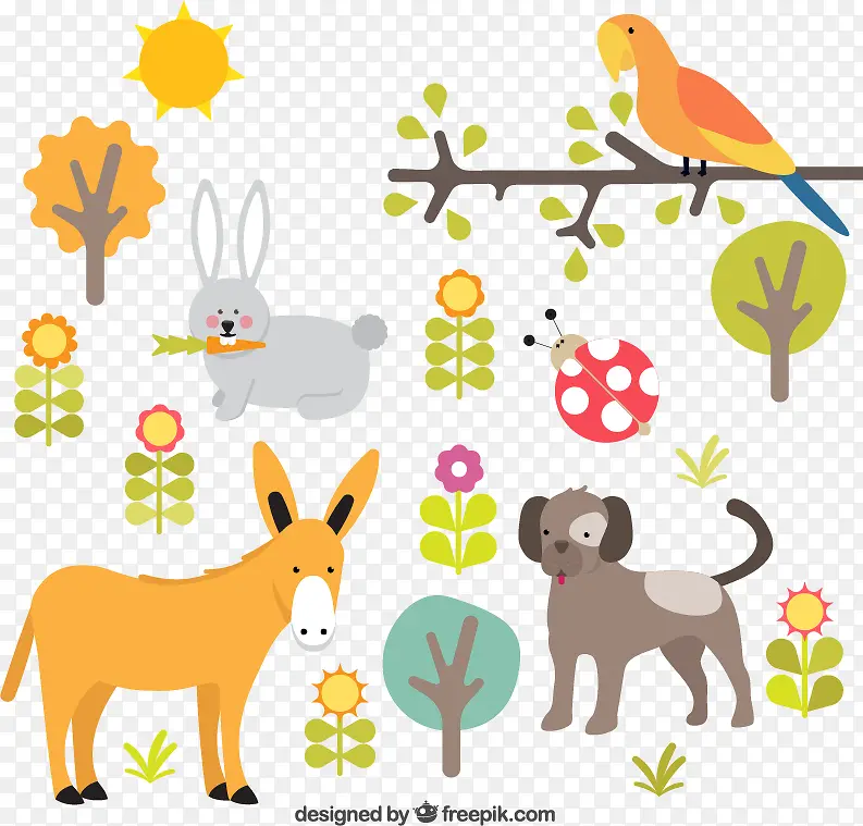 卡通植物与动物插画矢量素材下载