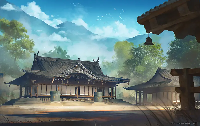 动漫素材房屋雾气白云