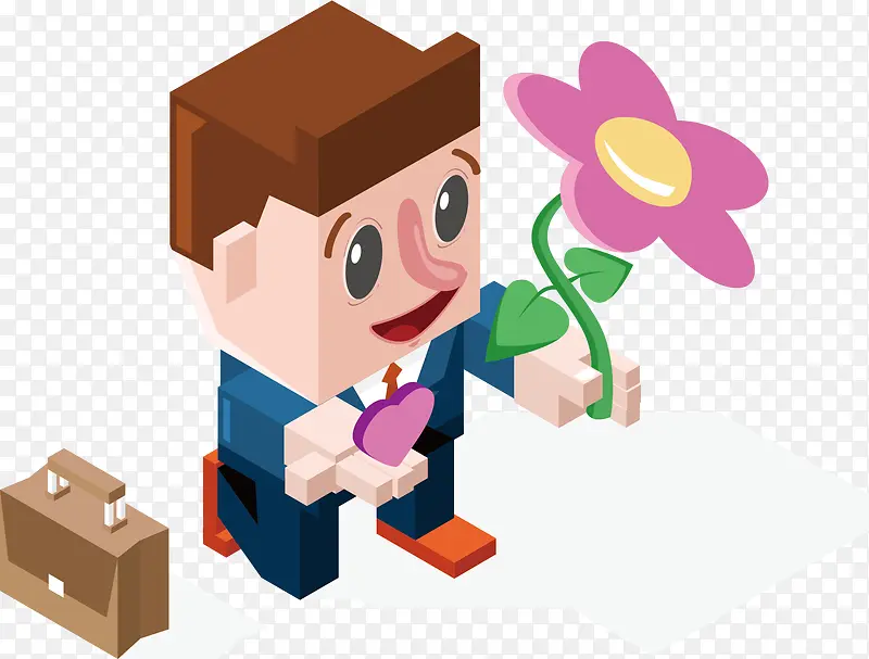 卡通方块职人手持花朵