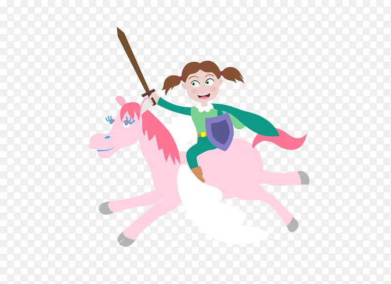 矢量彩色卡通小女孩骑马