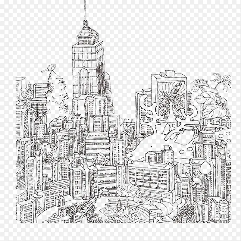 手绘线稿抽象香港