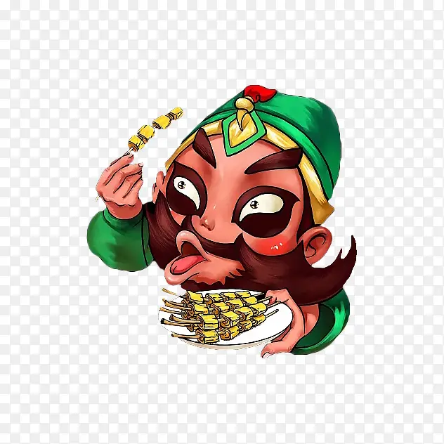 卡通三国辣条关羽吃辣串插画免抠