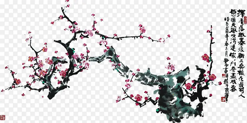 中国风卧梅含春水墨画