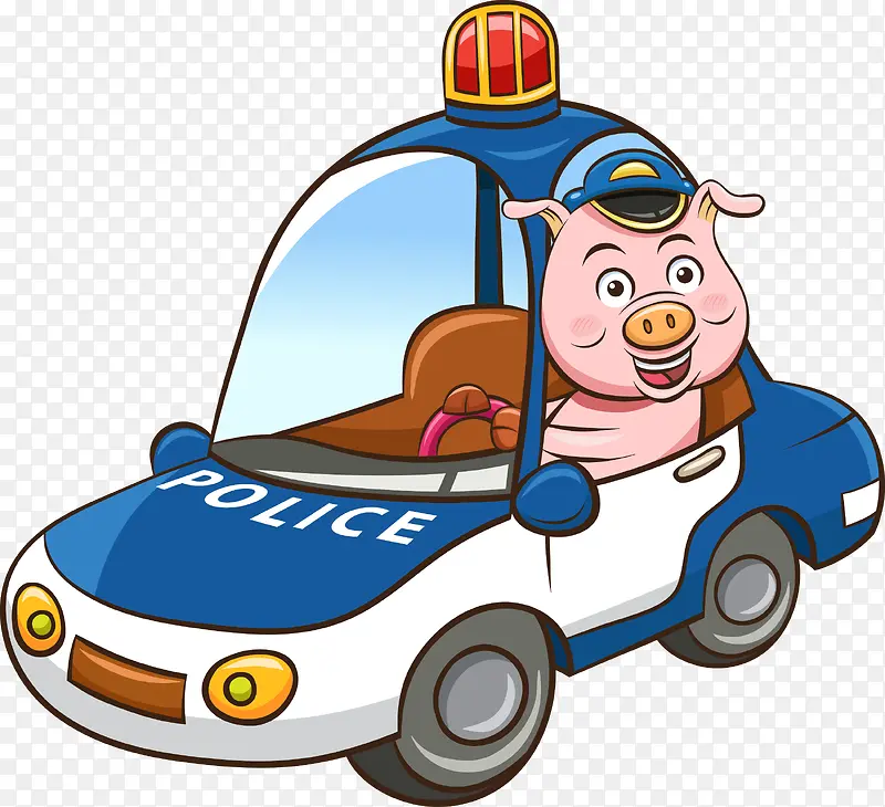 矢量卡通开警车的小猪