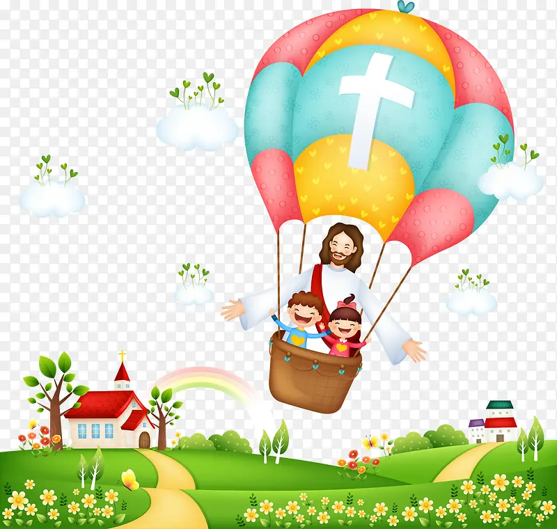 热气球上的耶稣与风景插画