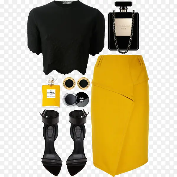 黑色上衣和黄色半身裙