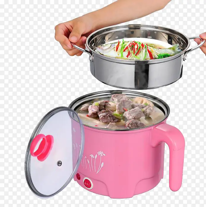 正在煮饭菜的粉色电饭煲