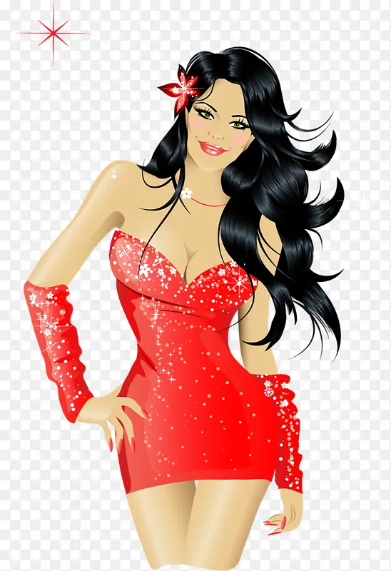 卡通手绘红色礼服性感美女