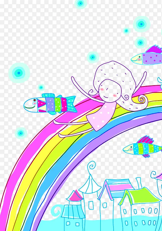 卡通彩虹上的女孩手绘人物