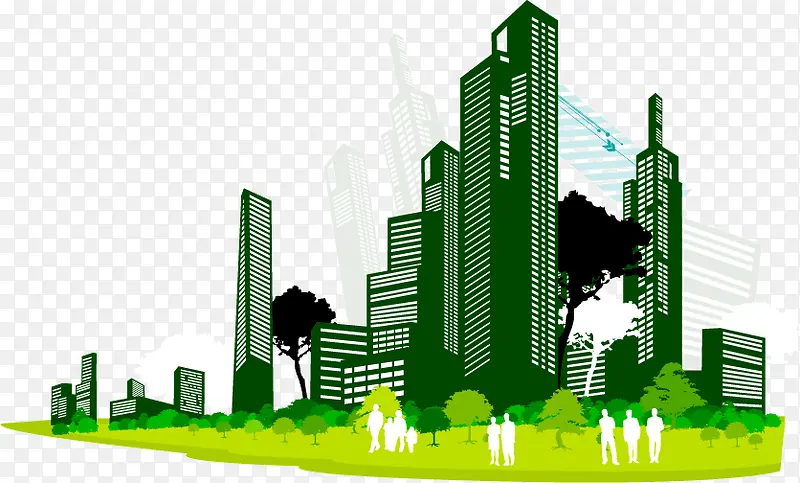 城市建筑物树木与人物剪影矢量素