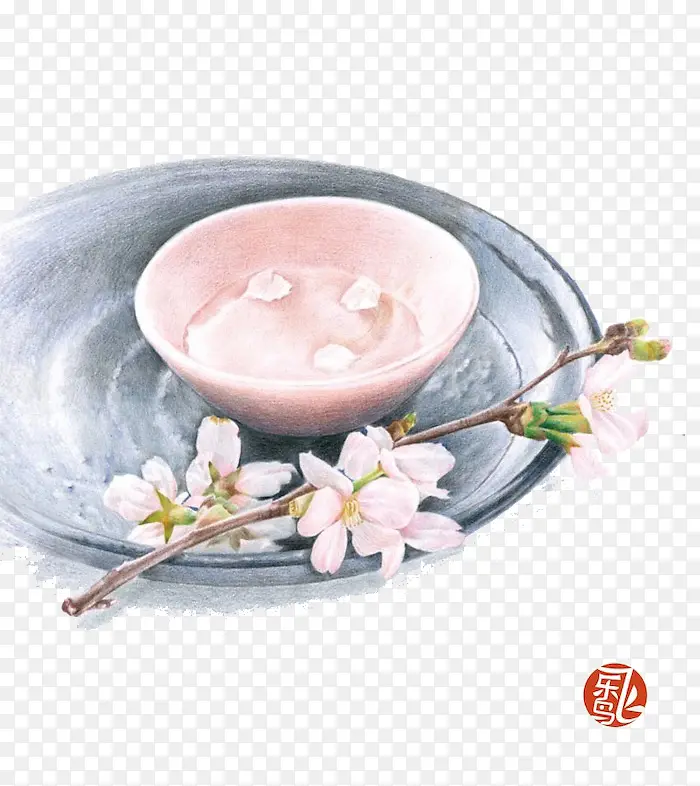 铁盘中的粉色碗和粉色花