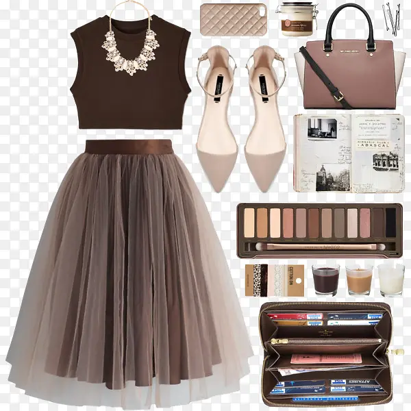 棕色百褶裙和化妆品