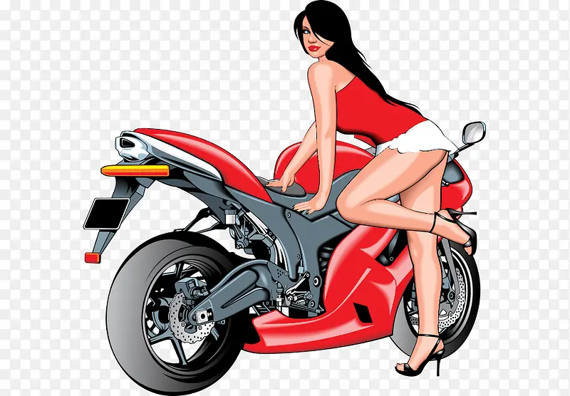卡通手绘开红车摩托车美女
