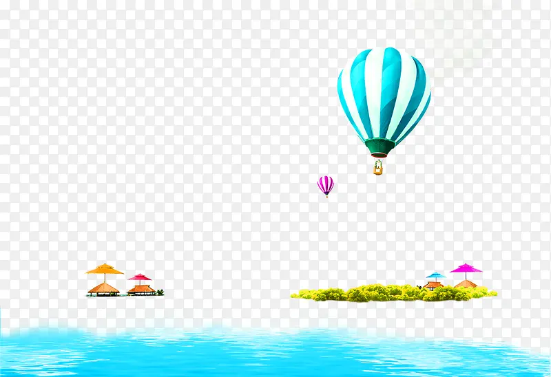 蓝色清新热气球海滩装饰图案