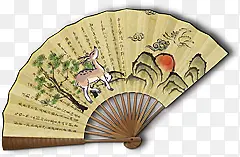 山中小鹿中国画折扇中秋