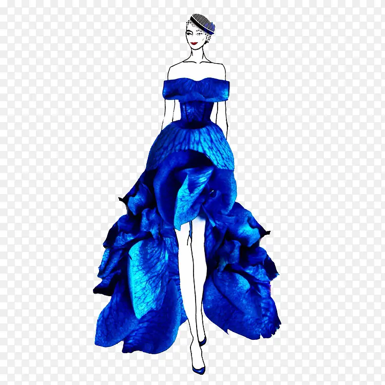 蓝色花瓣前短后长裙设计