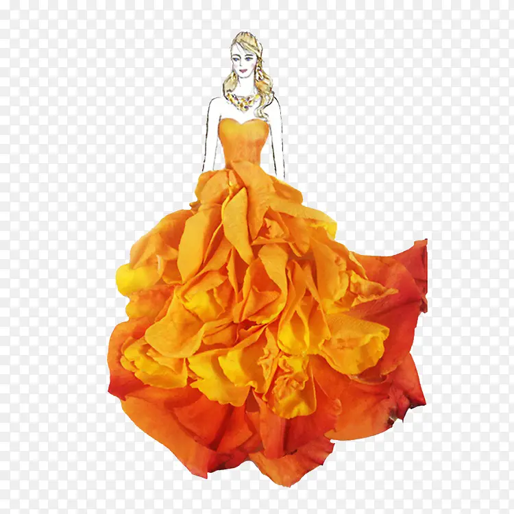 橙色花瓣长裙设计