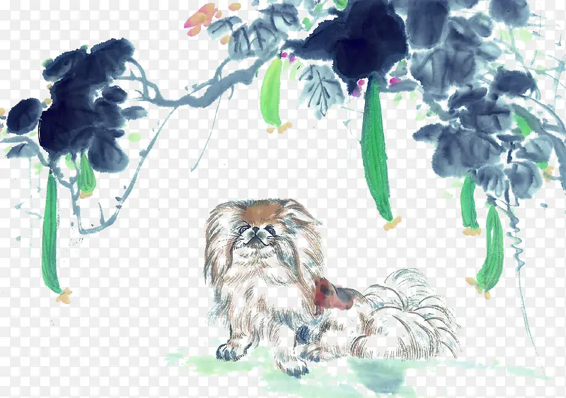 中国画瓜藤下的狗