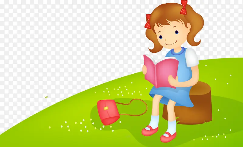 小女孩坐在树墩上看书矢量图